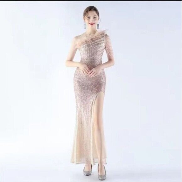 Gold, One Shoulder Beaded,Feather Neckline, Gradient Print, Sequined Gown - Picture 11 of 14